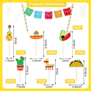 43 Pcs Fiesta Cupcake Topper and Picado Banner For Fiesta Party Decorations Mexican cake topper For Mexican Themed Cactus Donkey Taco Pepper Sombrero Mustache Party Decorations (Fresh Style)