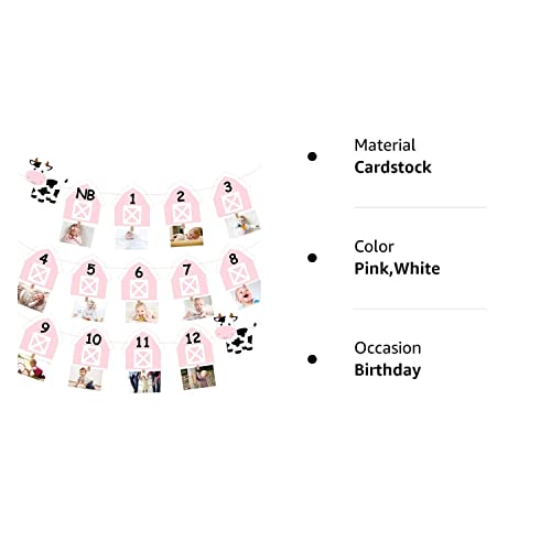 Cow 12 Month Photo Banner 1st Birthday Party Decoration One Cake Smash Pink Farmhouse Animal Photo Backdrop Supplies