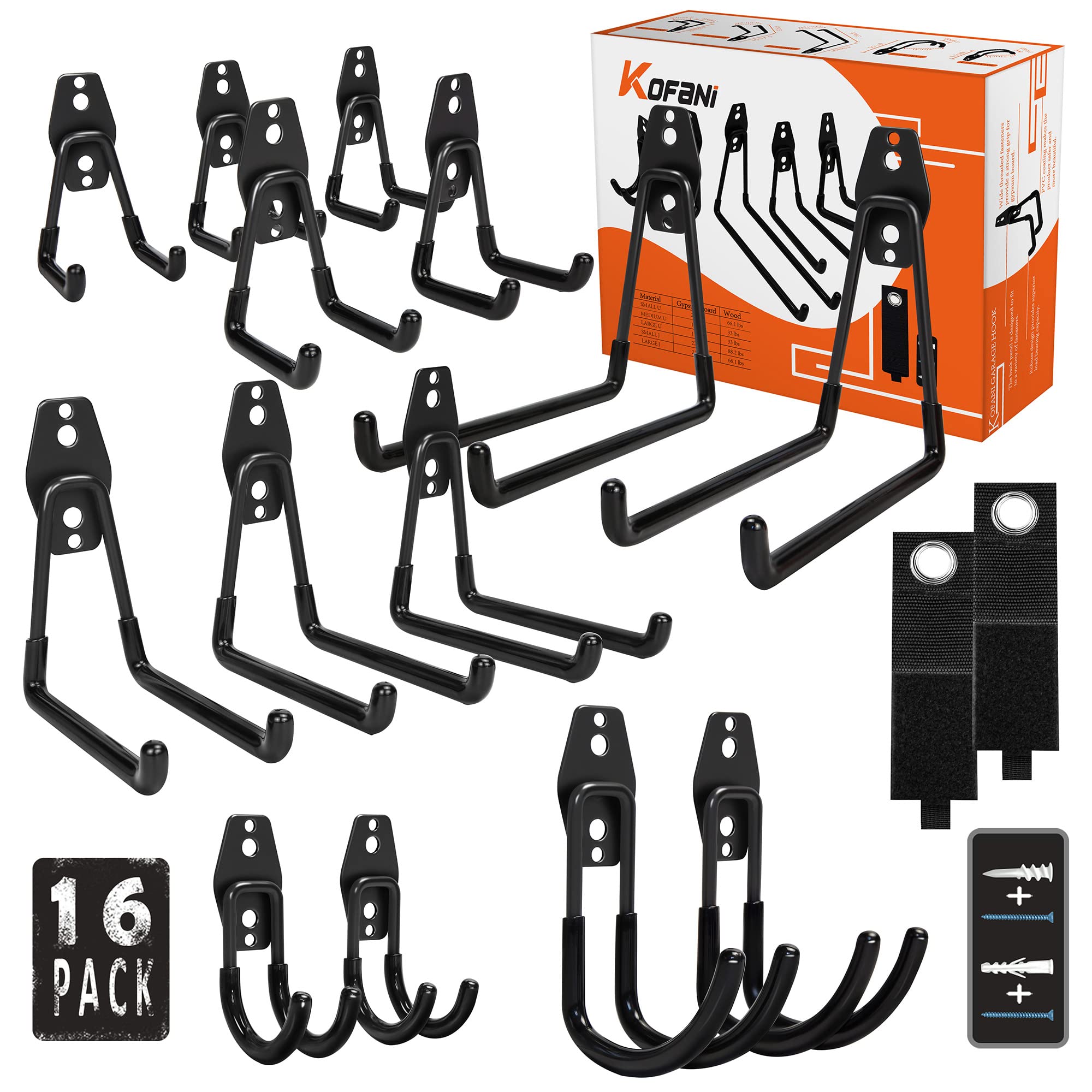 KOFANI Garage Hooks, 16 Pack Steel Heavy Duty Garage Storage Hooks with Anti-Slip Coating, Utility Garage Wall Mount Hooks for Hanging Bike, Ladder and Garden Tools