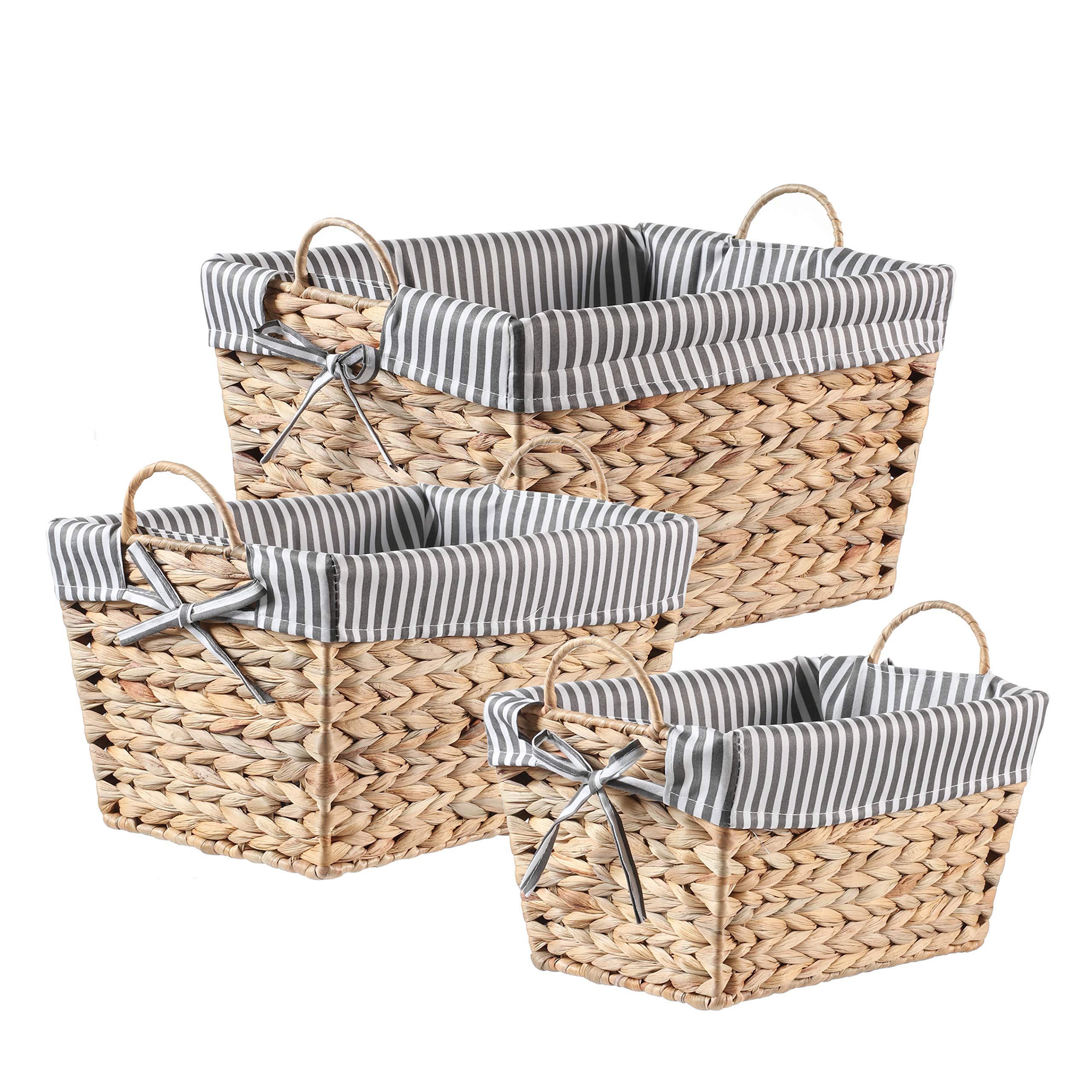 Motifeur Handmade Water Hyacinth Wicker Baskets, Utility Storage Organizers With Removable Liner (Set of 3, Jumbo: 16.9"x12.2"x9.1", Large: 15"x10.2"x7.9", Medium: 13"x8.3"x6.7", Beige + Gray/White)