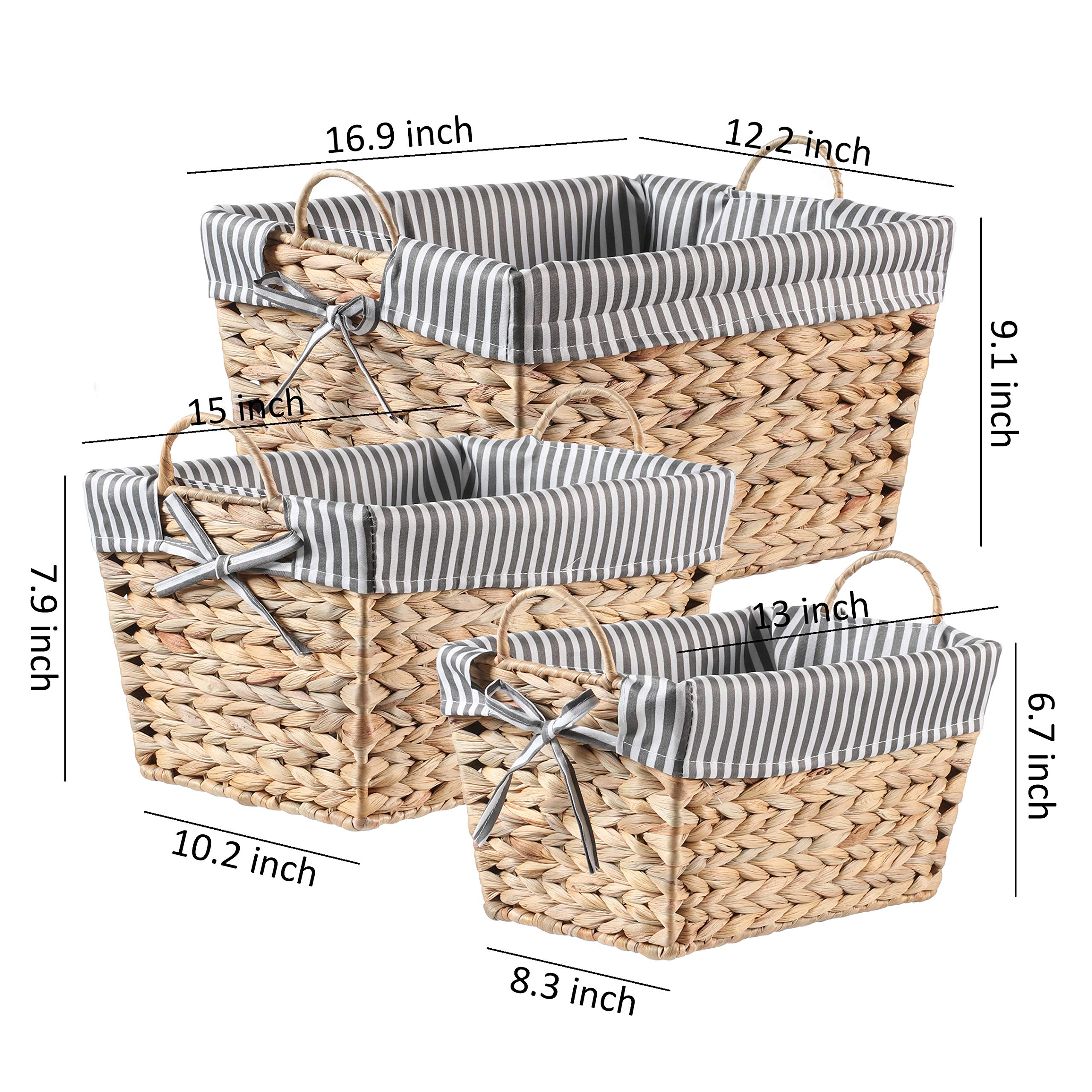 Motifeur Handmade Water Hyacinth Wicker Baskets, Utility Storage Organizers With Removable Liner (Set of 3, Jumbo: 16.9"x12.2"x9.1", Large: 15"x10.2"x7.9", Medium: 13"x8.3"x6.7", Beige + Gray/White)
