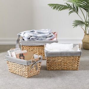 Motifeur Handmade Water Hyacinth Wicker Baskets, Utility Storage Organizers With Removable Liner (Set of 3, Jumbo: 16.9"x12.2"x9.1", Large: 15"x10.2"x7.9", Medium: 13"x8.3"x6.7", Beige + Gray/White)