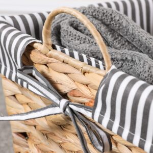 Motifeur Handmade Water Hyacinth Wicker Baskets, Utility Storage Organizers With Removable Liner (Set of 3, Jumbo: 16.9"x12.2"x9.1", Large: 15"x10.2"x7.9", Medium: 13"x8.3"x6.7", Beige + Gray/White)