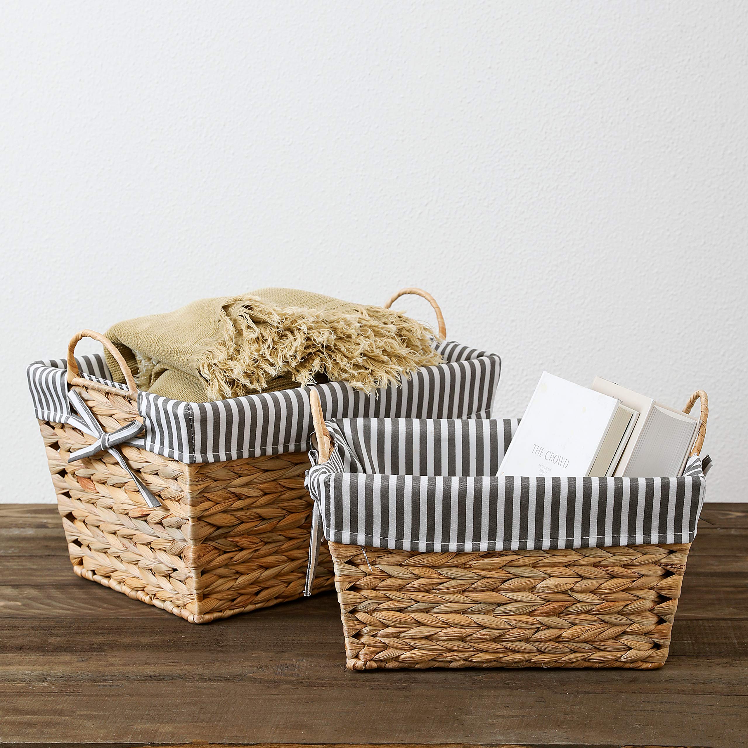 Motifeur Handmade Water Hyacinth Wicker Baskets, Utility Storage Organizers With Removable Liner (Set of 3, Jumbo: 16.9"x12.2"x9.1", Large: 15"x10.2"x7.9", Medium: 13"x8.3"x6.7", Beige + Gray/White)