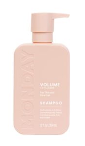 monday haircare volume shampoo 12oz for thin, fine, and oily hair, made from coconut oil, ginger extract, & vitamin e, 100% recyclable bottles (354ml), pink (10428)