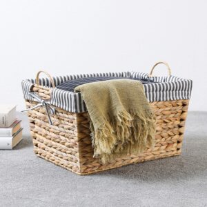 Motifeur Handmade Water Hyacinth Wicker Baskets, Utility Storage Organizers With Removable Liner (Set of 3, Jumbo: 16.9"x12.2"x9.1", Large: 15"x10.2"x7.9", Medium: 13"x8.3"x6.7", Beige + Gray/White)