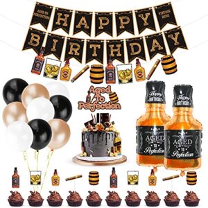 whiskey birthday party decorations, aged to perfection birthday party supplies whiskey birthday banner garland, whiskey cake toppers, white black champagne gold balloons whiskey bottle foil balloons