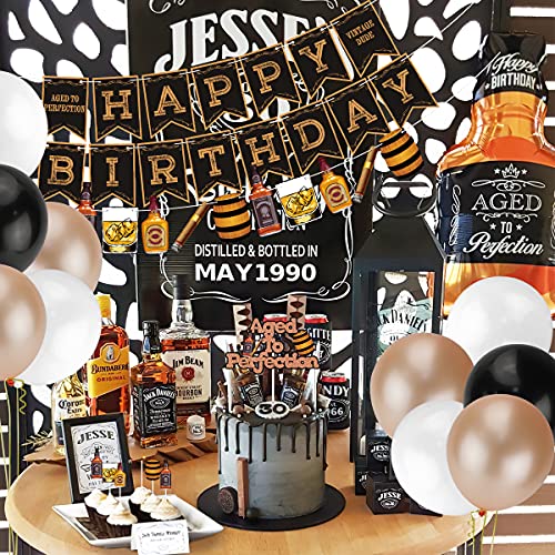 Whiskey Birthday Party Decorations, Aged to Perfection Birthday Party Supplies Whiskey Birthday Banner Garland, Whiskey Cake Toppers, White Black Champagne Gold Balloons Whiskey Bottle Foil Balloons