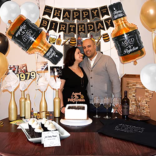 Whiskey Birthday Party Decorations, Aged to Perfection Birthday Party Supplies Whiskey Birthday Banner Garland, Whiskey Cake Toppers, White Black Champagne Gold Balloons Whiskey Bottle Foil Balloons