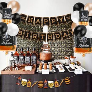 Whiskey Birthday Party Decorations, Aged to Perfection Birthday Party Supplies Whiskey Birthday Banner Garland, Whiskey Cake Toppers, White Black Champagne Gold Balloons Whiskey Bottle Foil Balloons