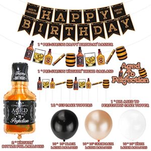 Whiskey Birthday Party Decorations, Aged to Perfection Birthday Party Supplies Whiskey Birthday Banner Garland, Whiskey Cake Toppers, White Black Champagne Gold Balloons Whiskey Bottle Foil Balloons