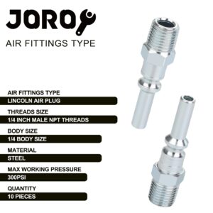 JOROY Lincoln L-style Air Hose Fittings, 1/4 Inch Flow Size, 1/4 Inch Male Threads Size, Steel Material, 300PSI, 10 Pieces Air Compressor Accessories Fittings