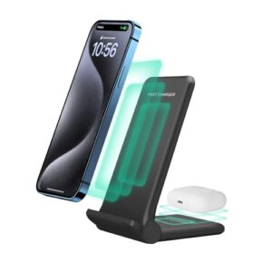 2 in 1 wireless charger,foldable 20w fast wireless charging stand compatible with iphone 15/15 pro/14/13/12/x/airpods,dual phone induction charge station for samsung,pixel,xperia,lg g8(no plug)