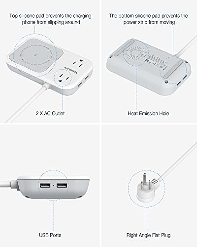 Small Power Strip 2 USB 1 Wireless Charger, TESSAN Mini Flat Plug Nightstand Desktop Charging Station with 2 Outlet 4 ft Extension Cord, Compatible with iPhone for Dorm Room Cruise