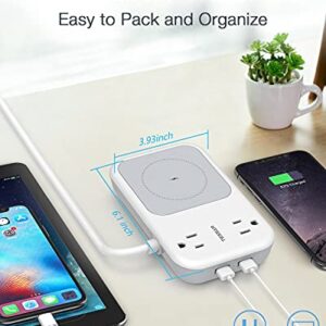 Small Power Strip 2 USB 1 Wireless Charger, TESSAN Mini Flat Plug Nightstand Desktop Charging Station with 2 Outlet 4 ft Extension Cord, Compatible with iPhone for Dorm Room Cruise