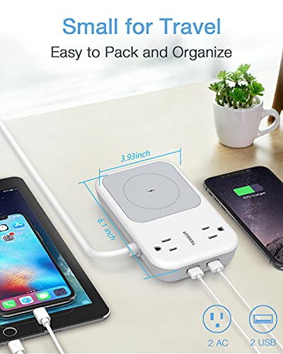 Small Power Strip 2 USB 1 Wireless Charger, TESSAN Mini Flat Plug Nightstand Desktop Charging Station with 2 Outlet 4 ft Extension Cord, Compatible with iPhone for Dorm Room Cruise