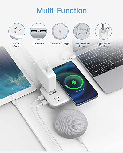 Small Power Strip 2 USB 1 Wireless Charger, TESSAN Mini Flat Plug Nightstand Desktop Charging Station with 2 Outlet 4 ft Extension Cord, Compatible with iPhone for Dorm Room Cruise