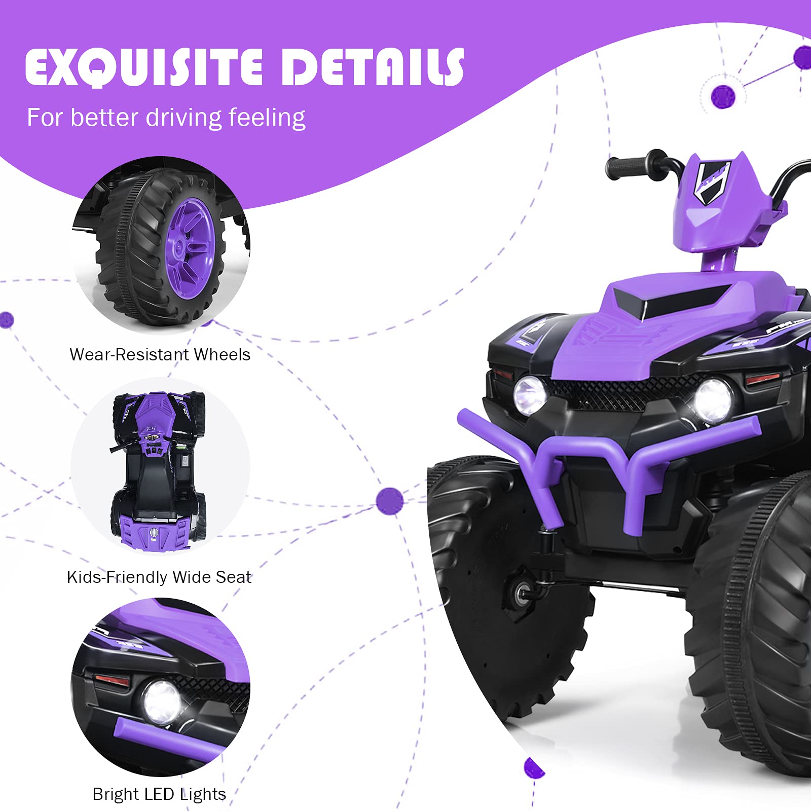 Costzon Kids ATV, 12V Battery Powered Electric Vehicle w/LED Lights, High & Low Speed, Horn, Music, USB, Treaded Tires, Ride on Car 4 Wheeler Quad for Boys & Girls Gift, Ride on ATV (Purple)