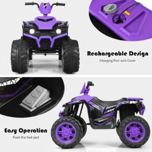 Costzon Kids ATV, 12V Battery Powered Electric Vehicle w/LED Lights, High & Low Speed, Horn, Music, USB, Treaded Tires, Ride on Car 4 Wheeler Quad for Boys & Girls Gift, Ride on ATV (Purple)