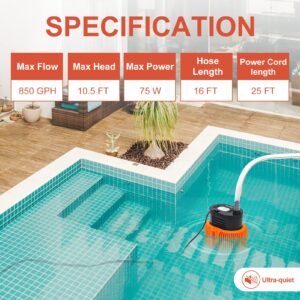 AgiiMan Pool Cover Pump Above Ground - Submersible Sump Pump, Water Removal with 16' Drainage Hose and 25 Feet Power Cord, 850 GPH, 3 Adapters, Orange