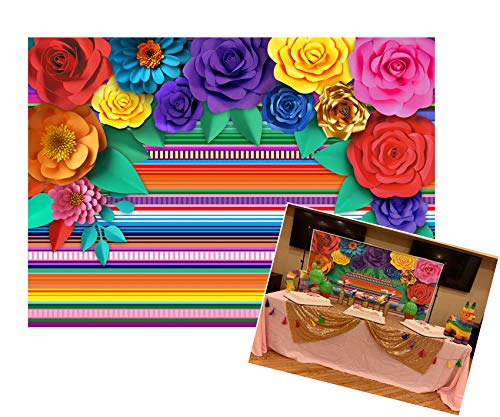 Mexican Theme Party Striped Backdrop Fiesta Cinco De Mayo Paper Flowers Background Party Decoration for Cake Table Decor Photo Booth 10X8FT 071