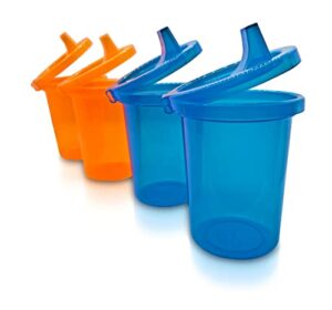 eja designs sippy cup for 1 year old and toddlers with attached lid - spill proof, stackable, dishwasher safe - 10 oz, 4 count - never lose a lid again - baby sippy cups (blue & orange)