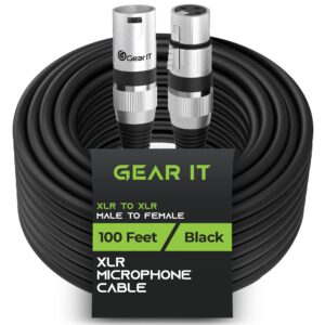gearit xlr to xlr microphone cable (100 feet, 1 pack) xlr male to female mic cable 3-pin balanced shielded xlr cable for mic mixer, recording studio, podcast - black, 100ft, 1 pack
