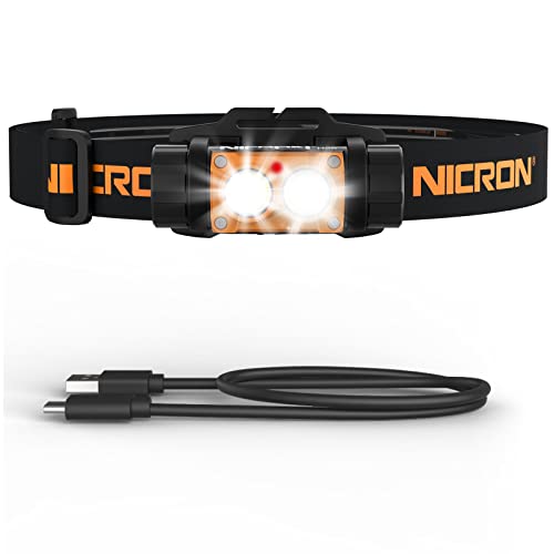 NICRON Rechargeable Headlamp, High Bright 1500 lumens 180° Rotating Aluminum LED Head Lamp with 3 Light Sources 10 Modes Waterproof Head Flashlight H25 for Camping Hunting Running Fishing Biking,Black