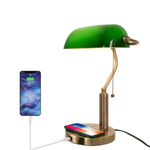 firvre glass bankers desk lamp usb wireless charging port led desk lamp classic retro pull chain switch table lamp reading modern for home office nightstand bedside study desk library (green)