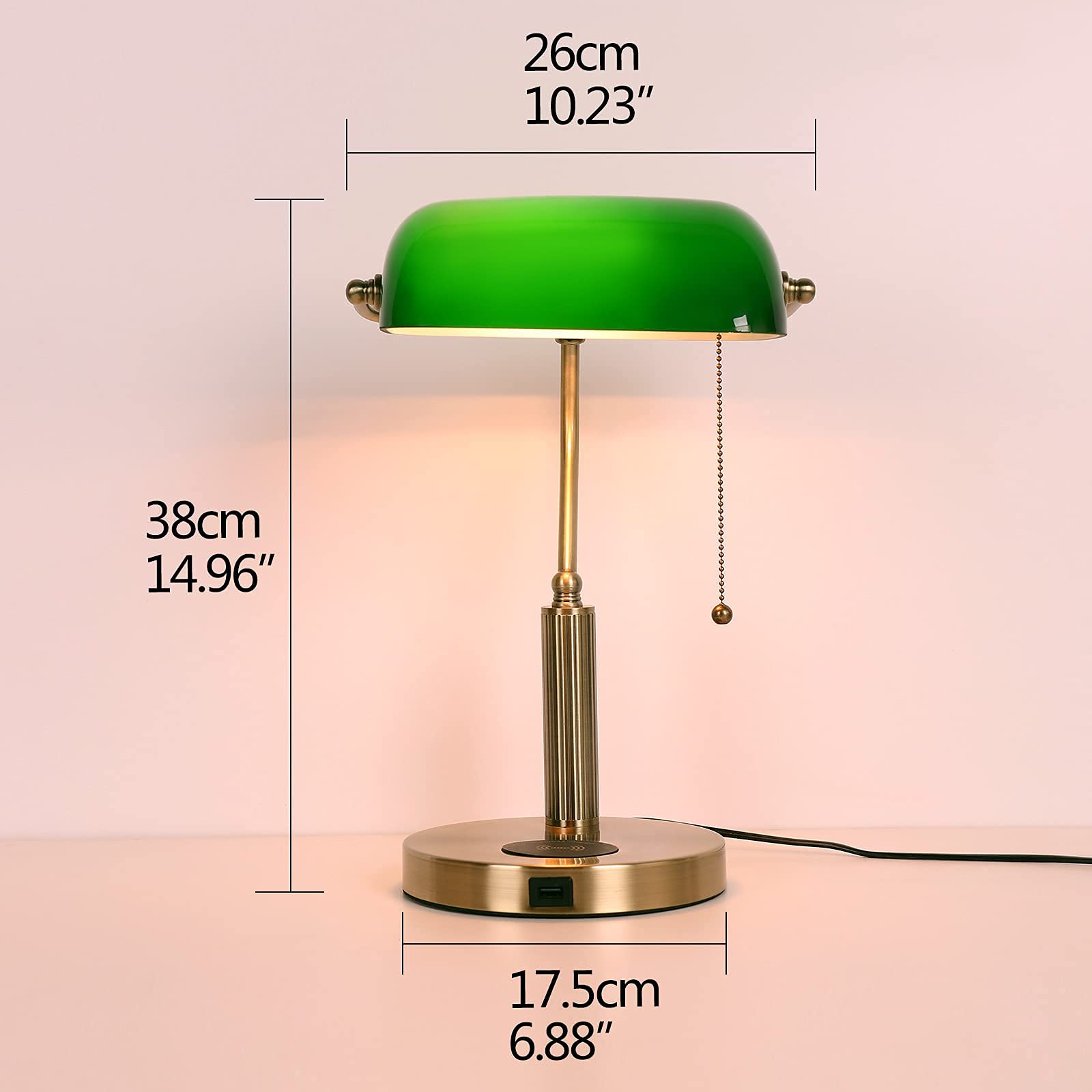FIRVRE Glass Bankers Desk Lamp USB Wireless Charging Port LED Desk Lamp Classic Retro Pull Chain Switch Table lamp Reading Modern for Home Office nightstand Bedside Study Desk Library (Green)