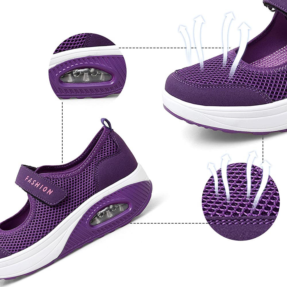 TBBY Women's Casual Air Cushion Platform Mesh Mules Sneaker Nurse Shoes Mary Jane Shoes Purple