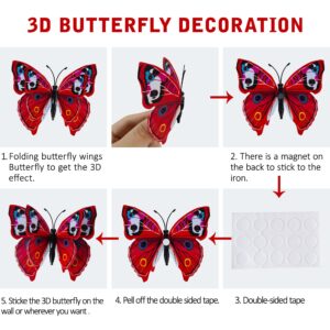 24PCS Butterfly Wall Decals Removable 3D Butterflies Decor for Wall Sticker Mural Stickers Home Decoration Kids Room Bedroom Decor (Double Layer-Red/24PCS)