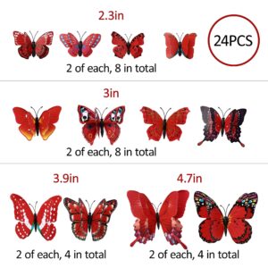 24PCS Butterfly Wall Decals Removable 3D Butterflies Decor for Wall Sticker Mural Stickers Home Decoration Kids Room Bedroom Decor (Double Layer-Red/24PCS)