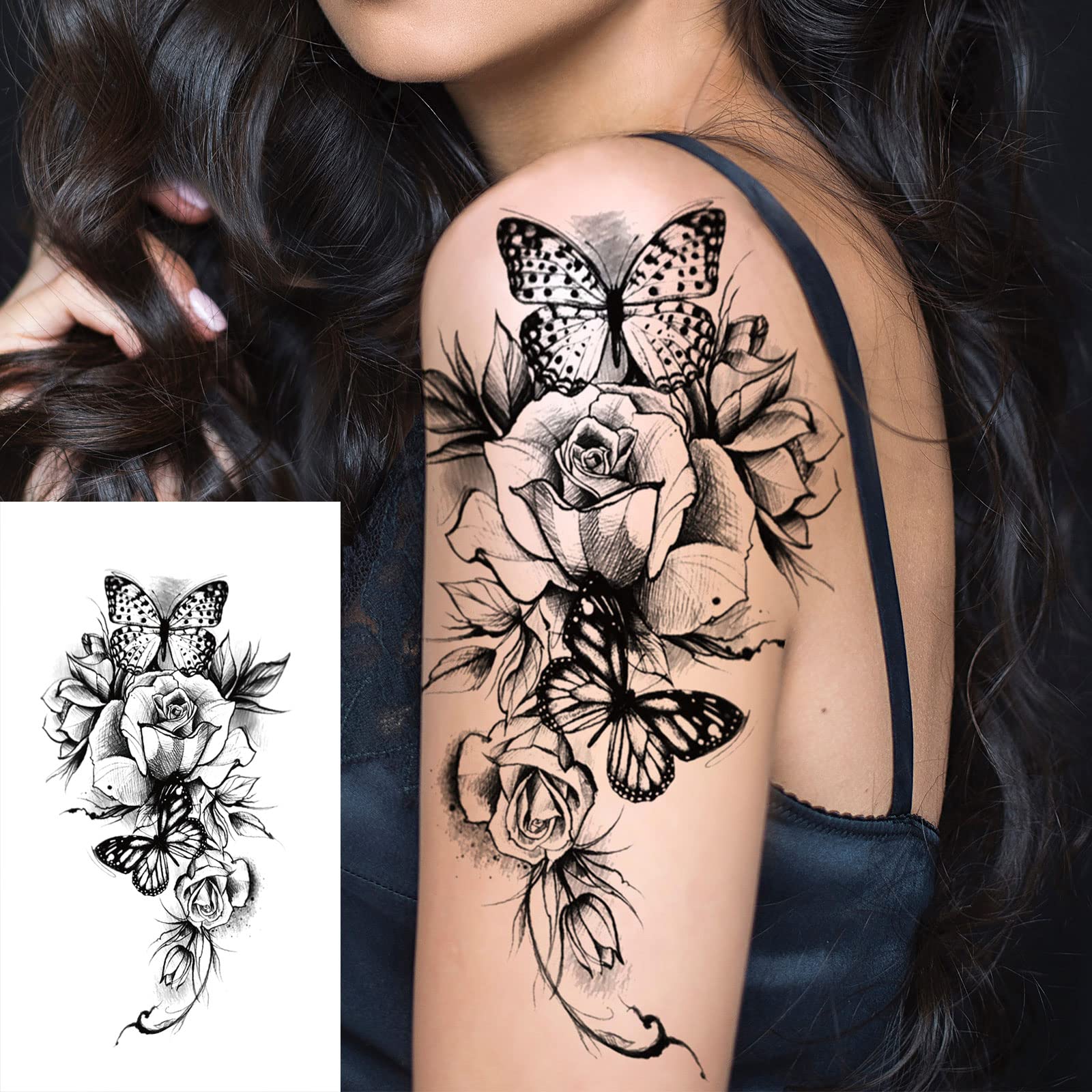 32pcs Black Rose Flower Temporary Tattoo Sticker For Women,Multiple Floral Pattern Designs(7.5X3.8 inch)