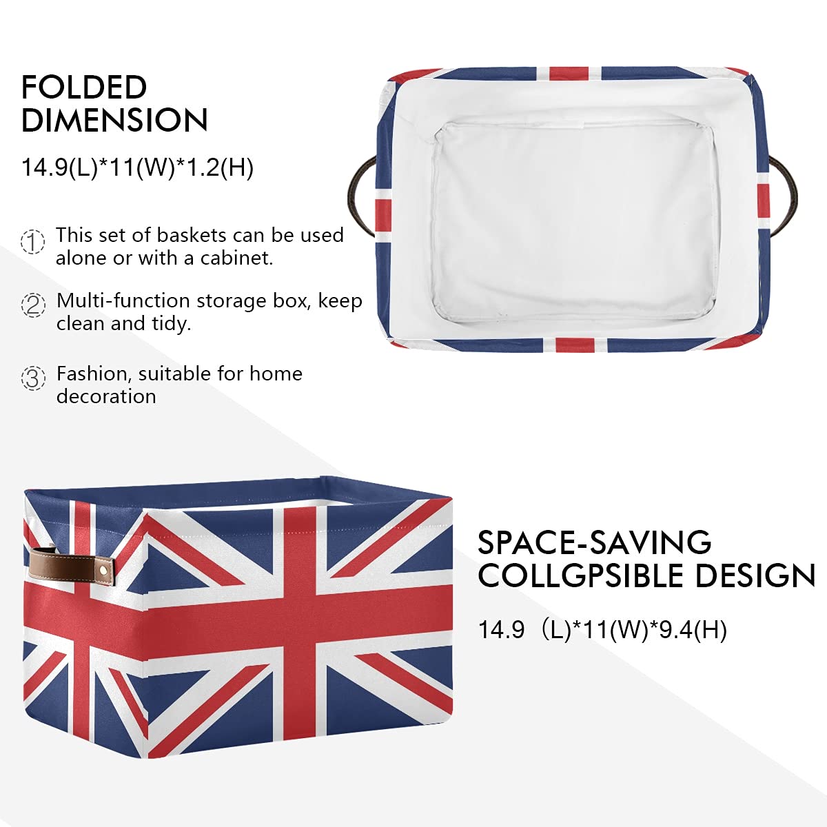 TropicalLife The Union Jack UK Flag Storage Bin with Handle Foldable Canvas Storage Basket Box Cube Organizer for Bedroom Home Office Closet Shelve Clothes Toy,1PC