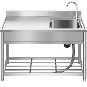 free standing stainless-steel single bowl, commercial restaurant kitchen sink set w/faucet & drainboard, prep & utility washing hand basin w/workbench & storage shelves indoor outdoor (47in)