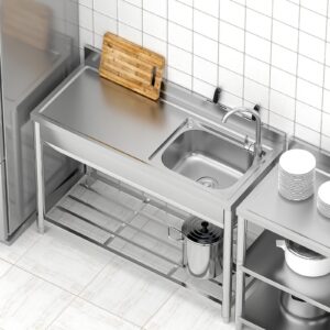 Free Standing Stainless-Steel Single Bowl, Commercial Restaurant Kitchen Sink Set w/Faucet & Drainboard, Prep & Utility Washing Hand Basin w/Workbench & Storage Shelves Indoor Outdoor (47in)