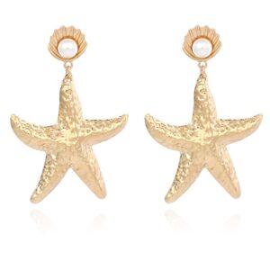 anlagrace halloween gold big starfish earrings with pearl for women girls boho sea star earrings gold earrings fashion jewelry casual women accessories for prom bridesmaids beach wedding jewelry (gold)