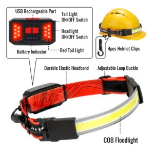 Adelante LED Headlamp Flashlight, 1000LM 230°Wide-Beam USB Rechargeable Head Light with Taillight(Individual Control) & 8 Clips Waterproof Headlight Headlamps for Running and Camping(2 Pack)