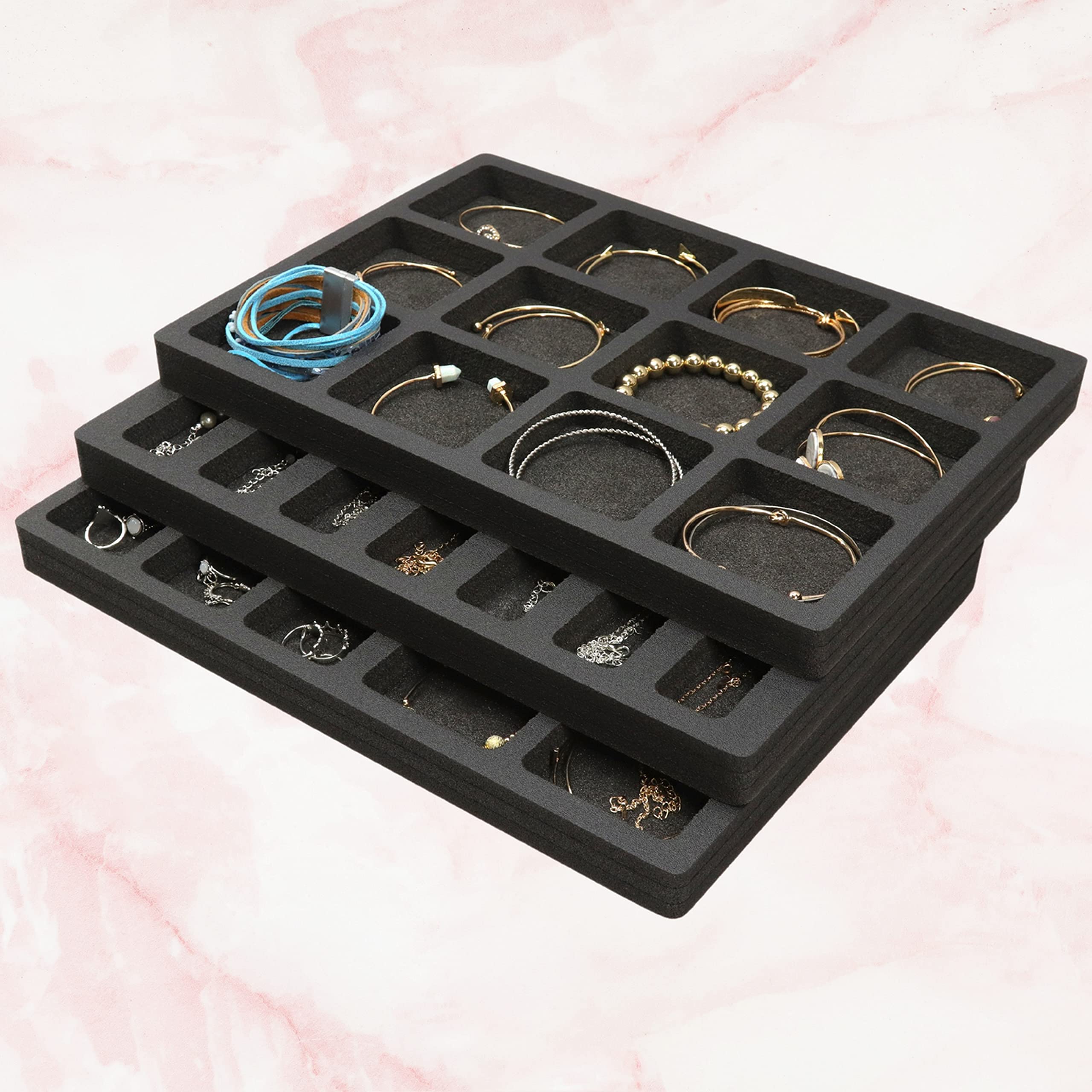 Polar Whale Stackable Jewelry Tray Display Organizer Grid for Home Bedroom Dresser Bathroom Vanity Drawer Durable Elegant Black Foam 14 x 10 Inches Bracelet Ear Ring Necklace and More 3 Piece Set