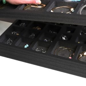 Polar Whale Stackable Jewelry Tray Display Organizer Grid for Home Bedroom Dresser Bathroom Vanity Drawer Durable Elegant Black Foam 14 x 10 Inches Bracelet Ear Ring Necklace and More 3 Piece Set