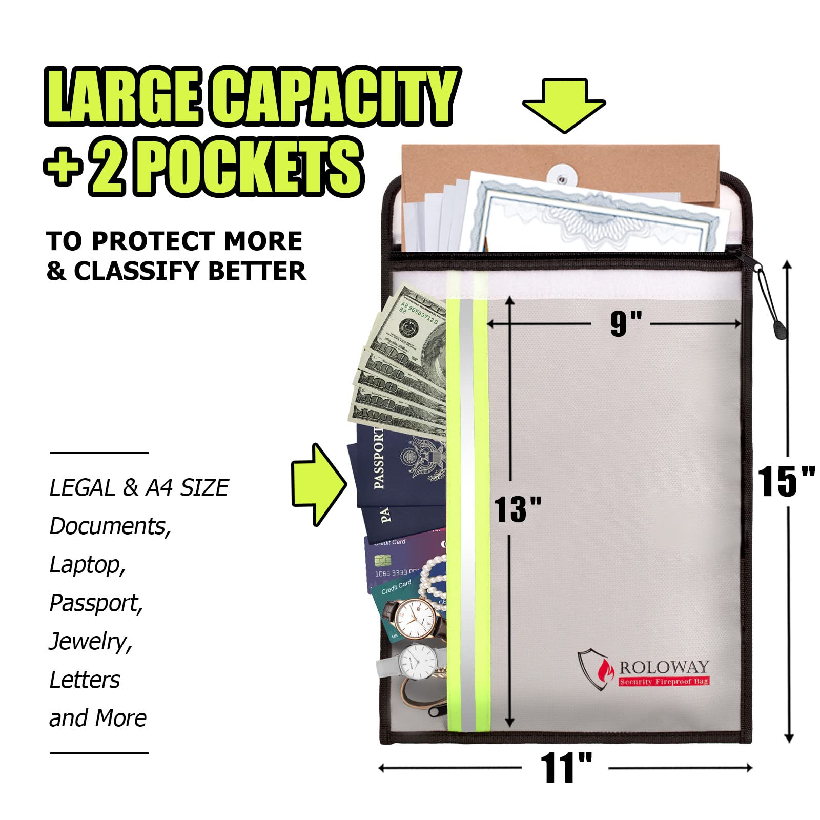 ROLOWAY Fireproof Document Bag (15 x 11 inch) with 2 Pockets & Waterproof Zipper, Fireproof Money Bag, Fire Safe Bag with Reflective Strip, Fireproof Envelope for Cash, Legal Documents Safe (Silver)