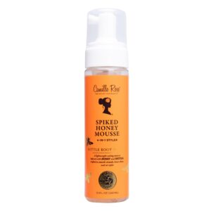 camille rose spiked honey mousse, 4-in-1 hair styler with nettle root, to nourish and hydrate strands, define curls, and add shine, for all hair types, 8 fl oz