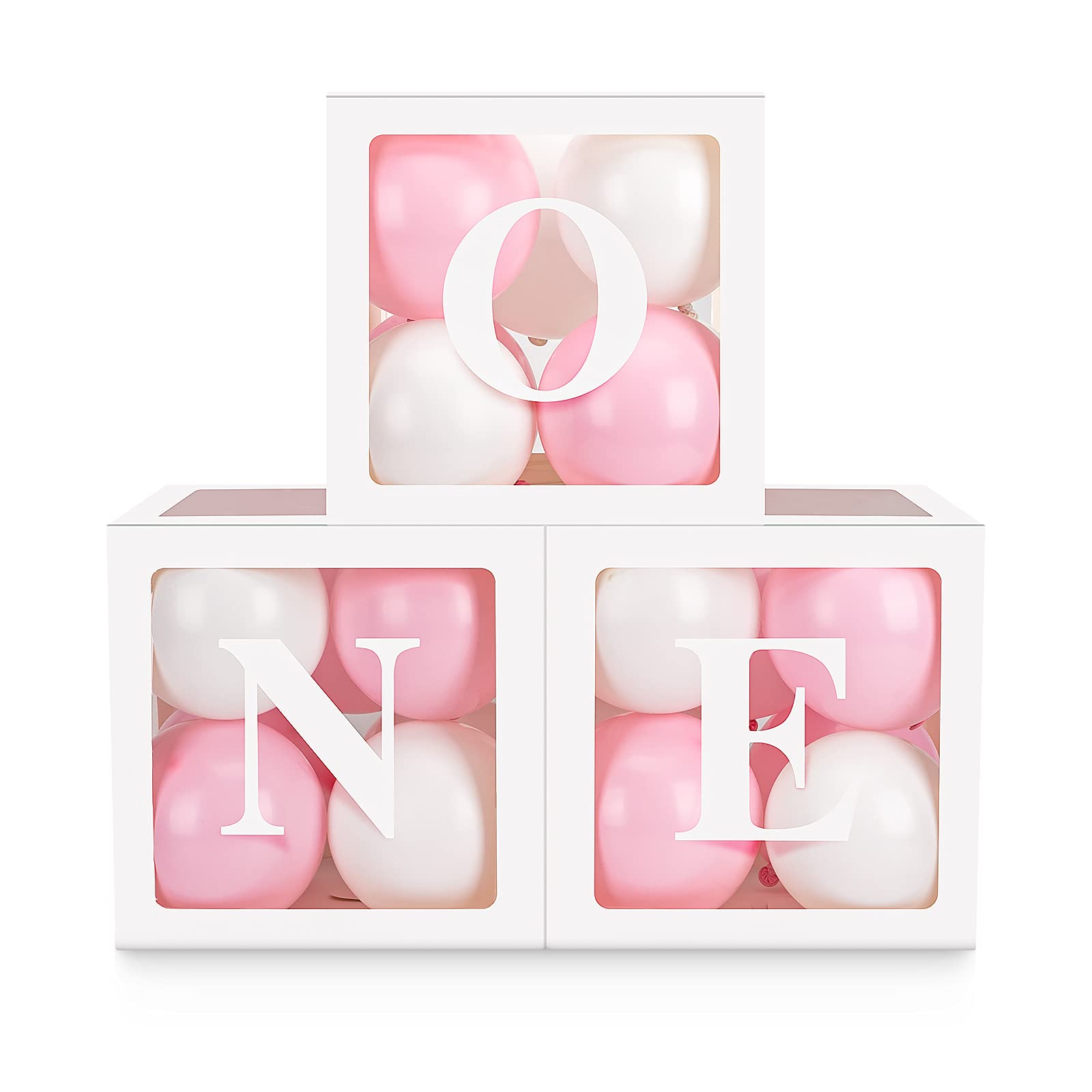 Baby Girl First Birthday Party Decorations 'ONE' Letters Individual Three White Transparent Square Boxes with 24 Balloons Decor for 1 Year Old Baby Birthday Party Decor Backdrop Favors