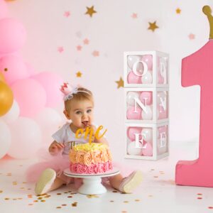 Baby Girl First Birthday Party Decorations 'ONE' Letters Individual Three White Transparent Square Boxes with 24 Balloons Decor for 1 Year Old Baby Birthday Party Decor Backdrop Favors