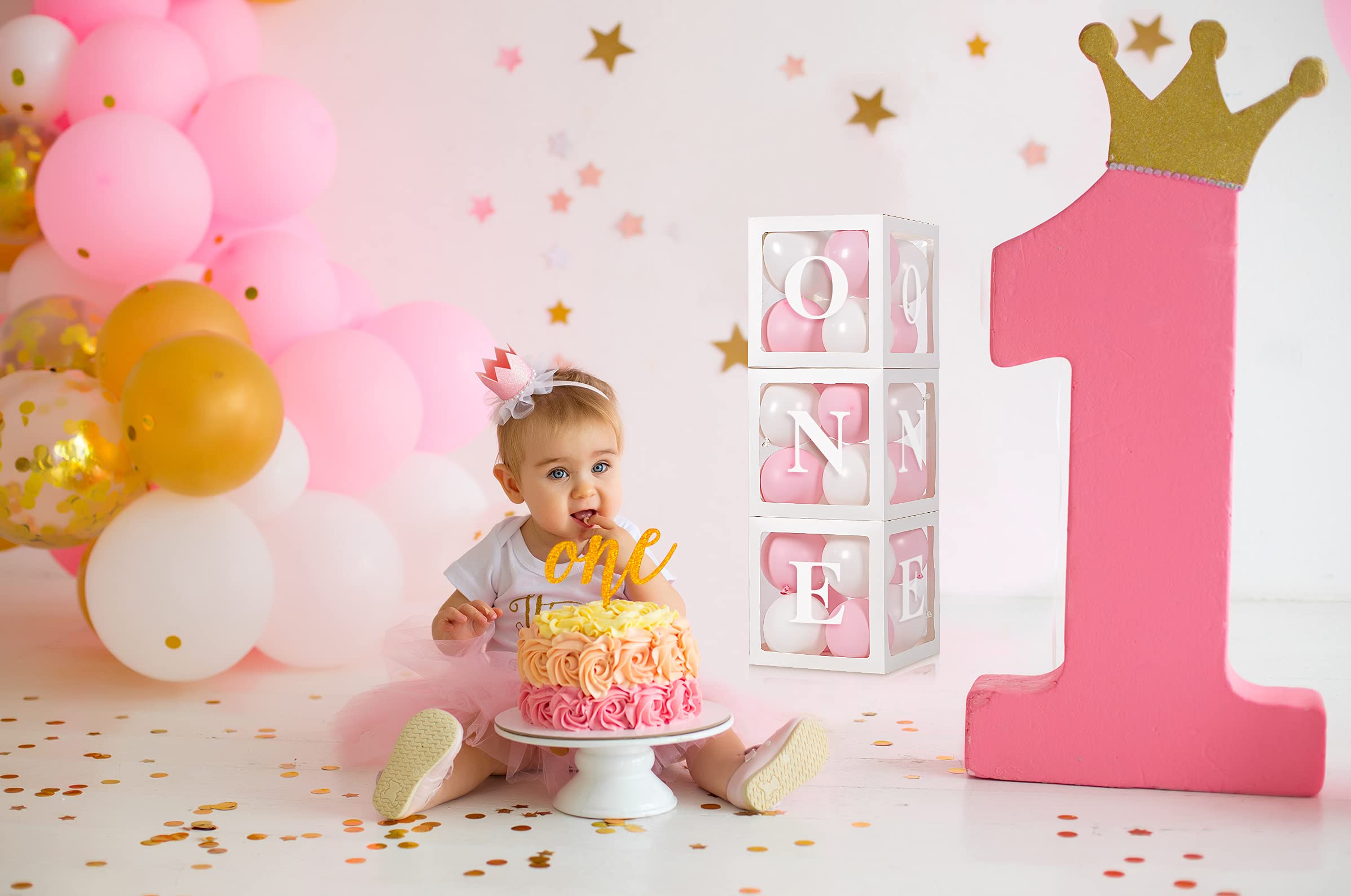 Baby Girl First Birthday Party Decorations 'ONE' Letters Individual Three White Transparent Square Boxes with 24 Balloons Decor for 1 Year Old Baby Birthday Party Decor Backdrop Favors