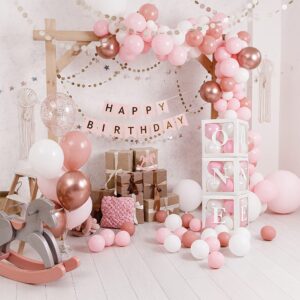 Baby Girl First Birthday Party Decorations 'ONE' Letters Individual Three White Transparent Square Boxes with 24 Balloons Decor for 1 Year Old Baby Birthday Party Decor Backdrop Favors