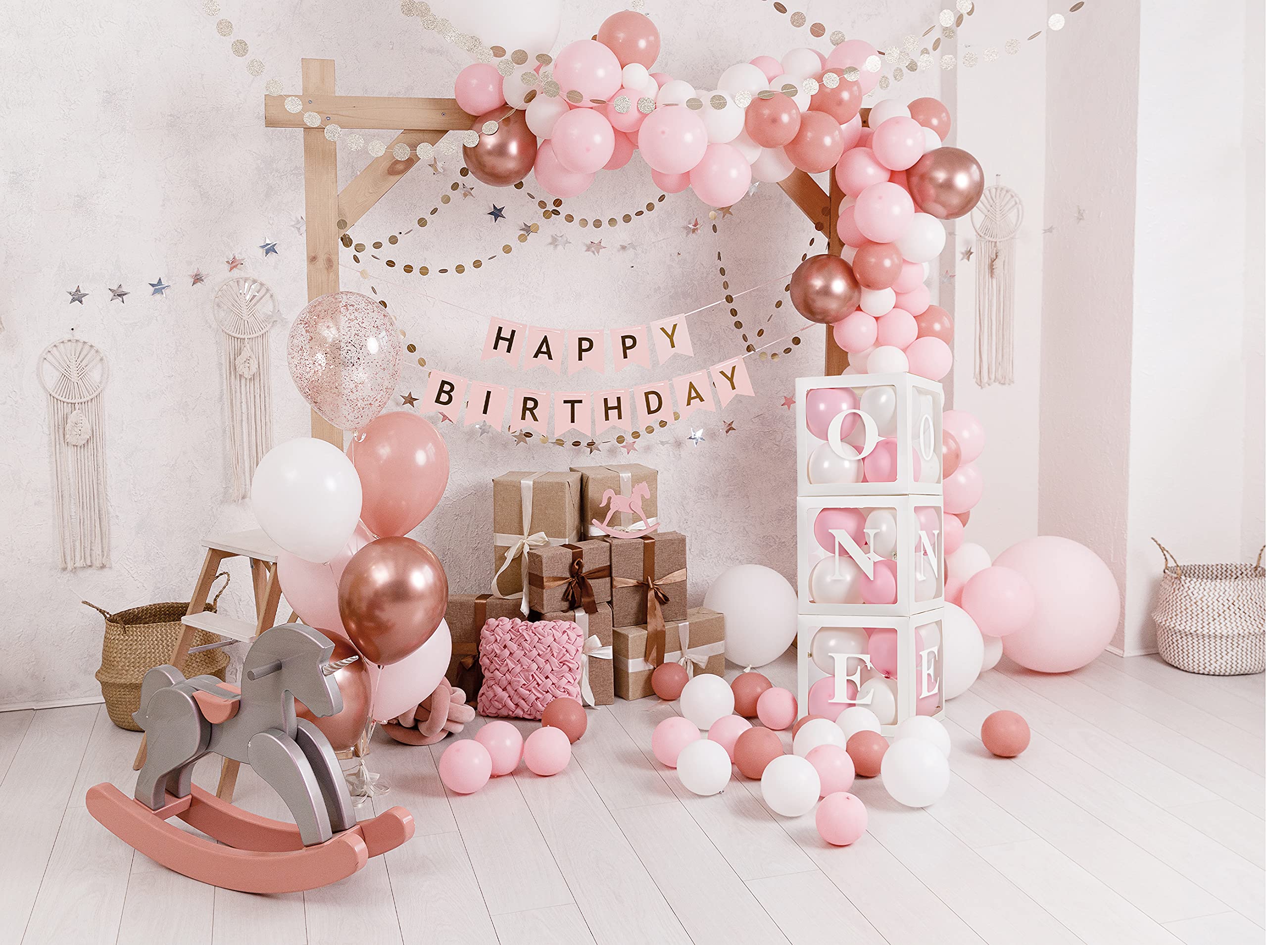 Baby Girl First Birthday Party Decorations 'ONE' Letters Individual Three White Transparent Square Boxes with 24 Balloons Decor for 1 Year Old Baby Birthday Party Decor Backdrop Favors