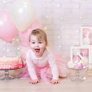 Baby Girl First Birthday Party Decorations 'ONE' Letters Individual Three White Transparent Square Boxes with 24 Balloons Decor for 1 Year Old Baby Birthday Party Decor Backdrop Favors