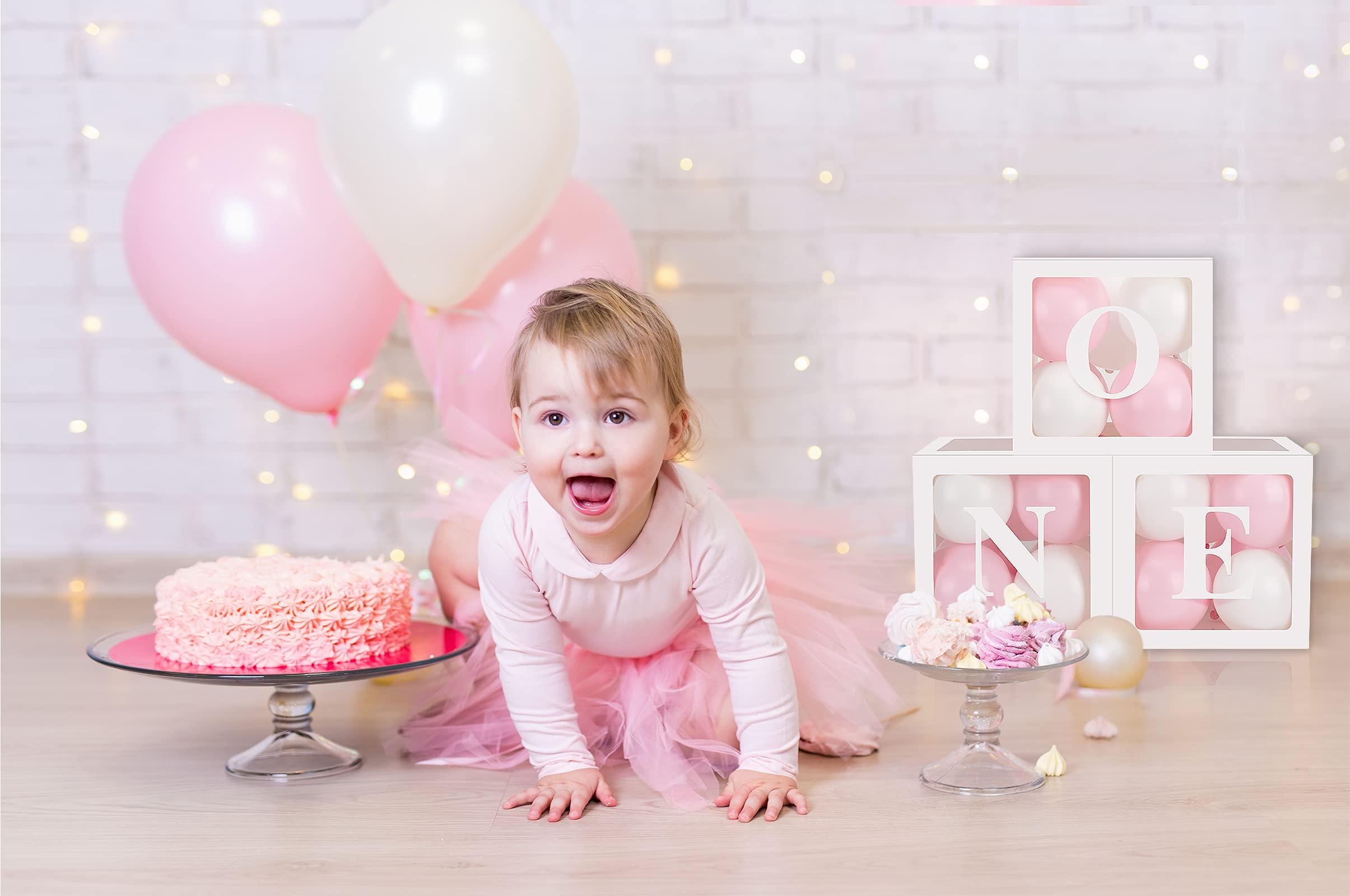 Baby Girl First Birthday Party Decorations 'ONE' Letters Individual Three White Transparent Square Boxes with 24 Balloons Decor for 1 Year Old Baby Birthday Party Decor Backdrop Favors